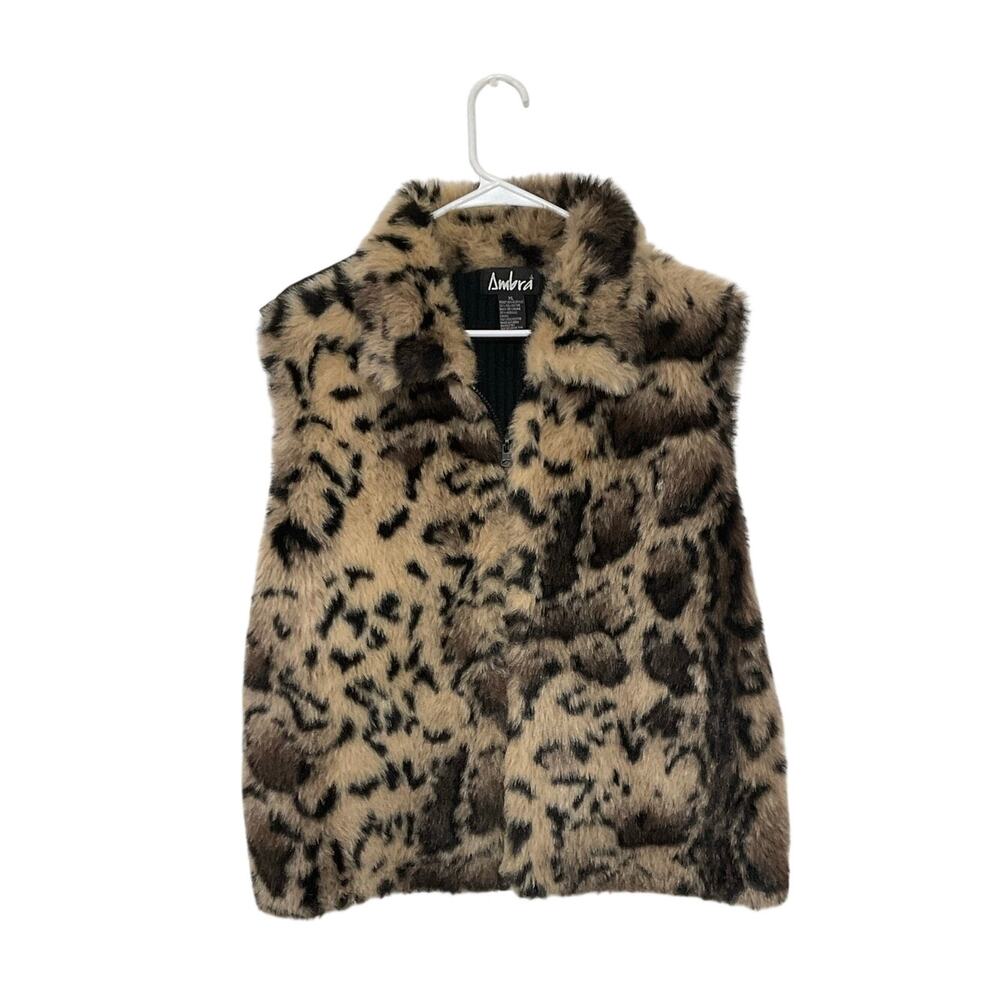VTG Y2K Faux Fur Leopard Vest Size X-Large Front Zip Luxury Old Money Mob Wife